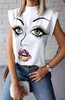 Sexy Womens Summer Tshirt Stand Collar Lips printed Tops Tees Sleeveless Ladies Acetate Size S2XL blouses women woman clothes2906459