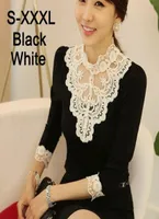 WholePlus Size XXXL Winter Autunm Korean Elegant Lace Shirts Slim Long Sleeve Beading Stand Collar Cotton Lace Blouse Women B7721009