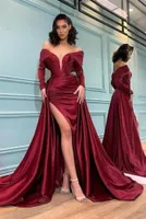 Gorgeous Burgundy Red Split Evening Dresses Arabic Off Shoulder Long Sleeve Ruffles Pleats Long Party Occasion Gowns Prom Dress BC1056201