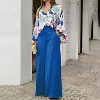 Work Dresses 2023 South American Women's Printed Leisure Suit Loose Wide Leg Pants Bat Sleeve Shirt Two-piece Set For Women