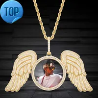 INS Angel Wings Grande moldura de foto pingente cheia de acessórios de colar de hip hop de zircão