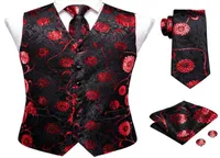 HiTie Mens Tuxedo Waistcoat Black Red Flower Formal Suit Vest Necktie Handkerchief Cufflinks Set for Wedding Business4335387