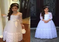 Junior Bridesmaids Dresses A Line Illusion Lace Sleeves Crystals Floor Length Flower Girl Dress with Lovely Bow Custom Made3467091