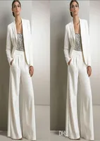 Modern White Three Pieces Mother Of The Bride Pant Suits For Silver Sequined Wedding Guest Dress Plus Size Dresses With Jackets7281957