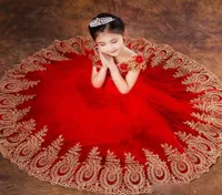 Red Tulle And Gold Appliqued Girls PAgeant Dresses Off Shoulder Floor Length Princess Flower Girl Dresses Girls Birthday Wears5105676
