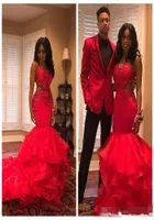 2019 Red African Black Girls Prom Dresses Party Wear Cutaway Lace Appliques Beads Tiered Mermaid Evening Gowns Party Vestidos8934413