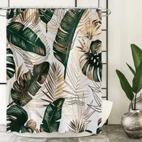 Tenda Da Doccia Boho Chic Con Foglie Tropicali E Rami Dorati - Verde, 182x182 Cm, Impermeabile, Con 12 Ganci - 4