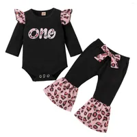 Clothing Sets 2023 0-24M Casual Infant Baby Girl Clothes ONE Letter Print Ruffle Long Sleeve Romper Leopard Patch Flare Pants Spring Fall