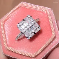 Cluster Rings Luxury Square Princess Baguette Full Diamond Couple Ring For Women Geometric Zircon Silver-Plated Valentine's Day Gift