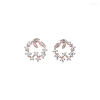 Stud Earrings Fashion Leaf Wreath Zircon Inlaid With Copper Color Women's Mini Classic Jewelry Birthday Gift
