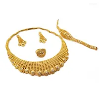 Necklace Earrings Set Arabian Wedding Dubai Jewelry Gold Plated Pendant Bridal Earring Bracelet Ring Ladies Party Birthday Gift