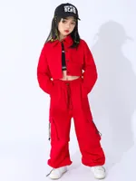 Stage Wear Kids Jazz Dance Costume Girls Red Long Sleeves Navel Coat Cargo Pants Hip Hop Performance Clothes Concert Outfit BL9603