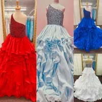 Ruffle One-Shoulder Girl Pageant Dress 2023 Straps Back Layer Little Kid Birthday Formal Party Gown Infant Toddler Teens Tiny Young Junior Miss Royal Light Blue Red