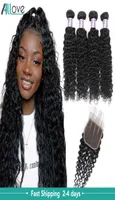 Allove Water Malaysian Body Straight Human Hair Bundles Wefts with Lace Closure Brazilian Indian Curly Extensions Deep Loose for W1471816