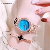 Wristwatches CHRONOS Women Quartz Watch Japanese Movement Full Of Rhinestone Sea Blue Dial Steel Bracelet Ladies Fashion Wristwatch CH35