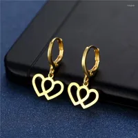 Hoop Earrings Lovely Double Heart Smooth 14K Gold Plated Stainless Steel Clip On For Women Banquet Party Jewelry Female Gift