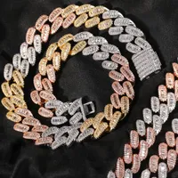 New 15mm Gold Bling Diamond Cuban Link Chain Choker Necklace for Men and Women Iced Out Pink Cubic Zirconia CZ Stone Curb Hip Hop Rapper Jewelry Chains Bijoux Gifts