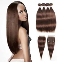 #4 Chocolate Brown Human Hair Bundles With Closure Brazilian Straight Hair 3 4 Bundles with 4 4 Lace Closure Remy Human Hair exten306K