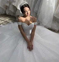 White Lace Off-Shoulder Ball Gown Wedding Dresses 2023 New Fashion Pearls Sweep Train Elegant Princess Gowns