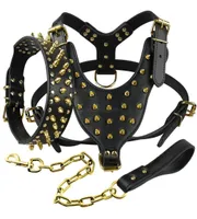 Leather Dog Harness Spiked Studded Dog Pet Collar Harness and Chain Leash Set for Medium Large Xlarge Breeds Pitbull Mastiff Y20055385620