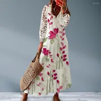 Casual Dresses Skin-touching Charming Flower Pattern Print Beach Boho Dress Anti-pilling Women Crochet Lace Stitching Streetwear