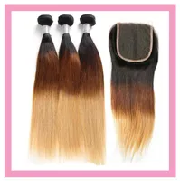 Brazilian Virgin Hair 1B 4 27 Ombre Human Hair Straight 3 Bundles With 4X4 Lace Closure With Baby Hair Straight 1B427 Three Tone5076177