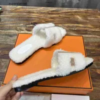 Oran Slippers Woolskin Wool Slipper Designer Women H Paris Sandals Trendy Embroidery Slides Winter Soft Plush Fur Sandal Fashion Slipper