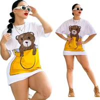 2023 European and American Leisure Comfortable Women's Clothing Summer New Fashion White Bear Printed Short Sleeve Jumpsuit Short Skirt in Stock