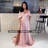 Party Dresses Off The Shoulder Pink Elegant Prom With Slit 2023 A Line Pleats Satin Women Formal Gowns For Wedding Custom Made