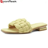 Slippers MoonMeek 2023 Size 33-40 Top Sale Sheepskin Dress Shoes Square Toe Woman Ladies Low Heels
