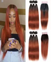 Peruvian Malaysian Brazilian Ombre Human Hair Bundles with Closure 1B33 Black Roots Two Tone Color Virgin Hair Weaves with Lace C9101562