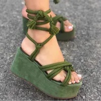 Nxy Sandals Summer Plus Size Platform Wedge Strappy Sandals Women Fashion Round Toe Cross Tied Height Increase Open Toe Women Sandals 230322
