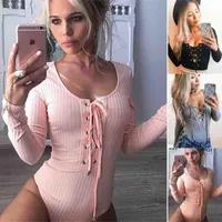 Women's Jumpsuits & Rompers Women Early Autumn Sexy Bodysuits Long Sleeve O Neck Knitted Bandage Slim Fit Bodycon Romper Ladies Playsuits Cl