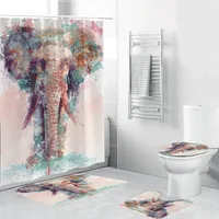 Water Color Elephant Shower Curtain Polyester 4 Piece Bathroom Set Carpet Cover Toilet Cover Bath Mat Pad For Home Decor T200711230U