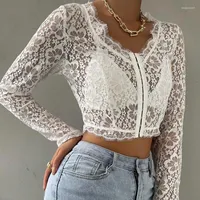 Women's Blouses 2023 Slim Fit V-Neck Lace Tees Design Transparent Women White Floral Crop Tops Long Sleeve Hasp See Through T-Shirt Fashion