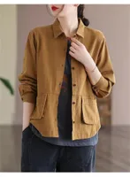 Women's Jackets Ladies Lapel Top Retro Art Loose Single Breasted Solid Color Short Jacket Cotton Linen Long Sleeve Safari Style Outside