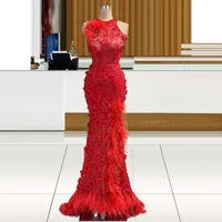Party Dresses Floria Red Feathers Long Evening Dress Women Gown Vestidos De Fiesta 2023 Robe Soiree