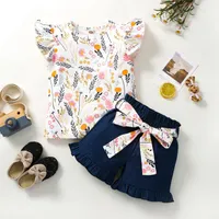 Clothing Sets 2023 Baby Flying Sleeve T-shirt Shorts Belt Sunflower Print Ruffle Hem Decoration Summer