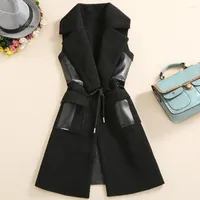 Women's Vests Winter Black Leather Vest Faux Fur Jacket Sleeveless Women Warmer Long Style Waistcoat With Pockets