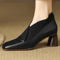 Dress Shoes Women's Cow Leather Fabric Patchwork Thick High Heel Square Toe Slip-on Pumps Elegant Ladies OL Style Soft Comfort Heels
