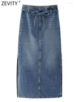 Skirts Zevity Women Fashion Belt Design Side Split Slim Pencil Denim Skirt Faldas Mujer Female Chic Zipper Midi Vestidos QUN3867