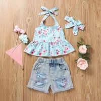 Clothing Sets Kids Floral Baby Toddler Jeans Pants Tops Short Girls Hairband Ripped Outfits&Set