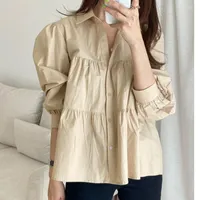 Women's Blouses Puff Sleeve Solid Women 2023 Turn Down Collar Leisure Ladies Shirts Single Breasted Loose Spring Autumn Female Tops