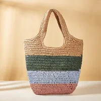 Evening Bags Summer Straw Shoulder Bag For Women Large Capacity Totes Splicing Stripe Beach Woven Handmade Basket Travel Shopping Tote