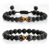 Strand Charm Tiger Eye Beaded Bracelet For Men Fashion Natural Lava Stone Black Onyx CZ Crown Bracelets Women Yoga Reiki Jewelry