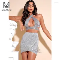 Two Piece Dress MSMUSI 2023 Fashion Women Sexy Sequins Tassels Set Bodycon Party Halter Sleeveles Top Short Mini Skirt Suit