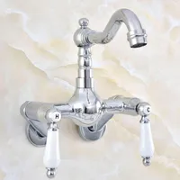 Kitchen Faucets Silver Chrome Brass Wall Mounted Double Handles Bathroom Sink Faucet Mixer Tap Swivel Spout - Adjusts From 3-3 8"