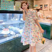 Maternity Dresses 74049# Dress Summer Cotton Short Sleeves Loose Floral Mid-Long Pregnant Women Mom