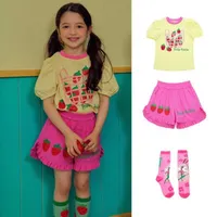 Girls T-shirt 2023 Summer New Strawberry Bubble Sleeve Children's T-shirt Fashion Pink Girls Frill Shorts Children's Clothing P230331