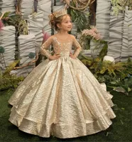Gold Flower Girl Dress Princess Illusion Rękaw z dziobami soczysty spódnica urodziny